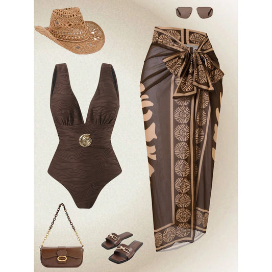 Solid Jackquard Swimsuit with Cover