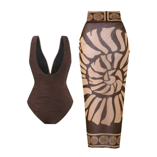 Solid Jackquard Swimsuit with Cover